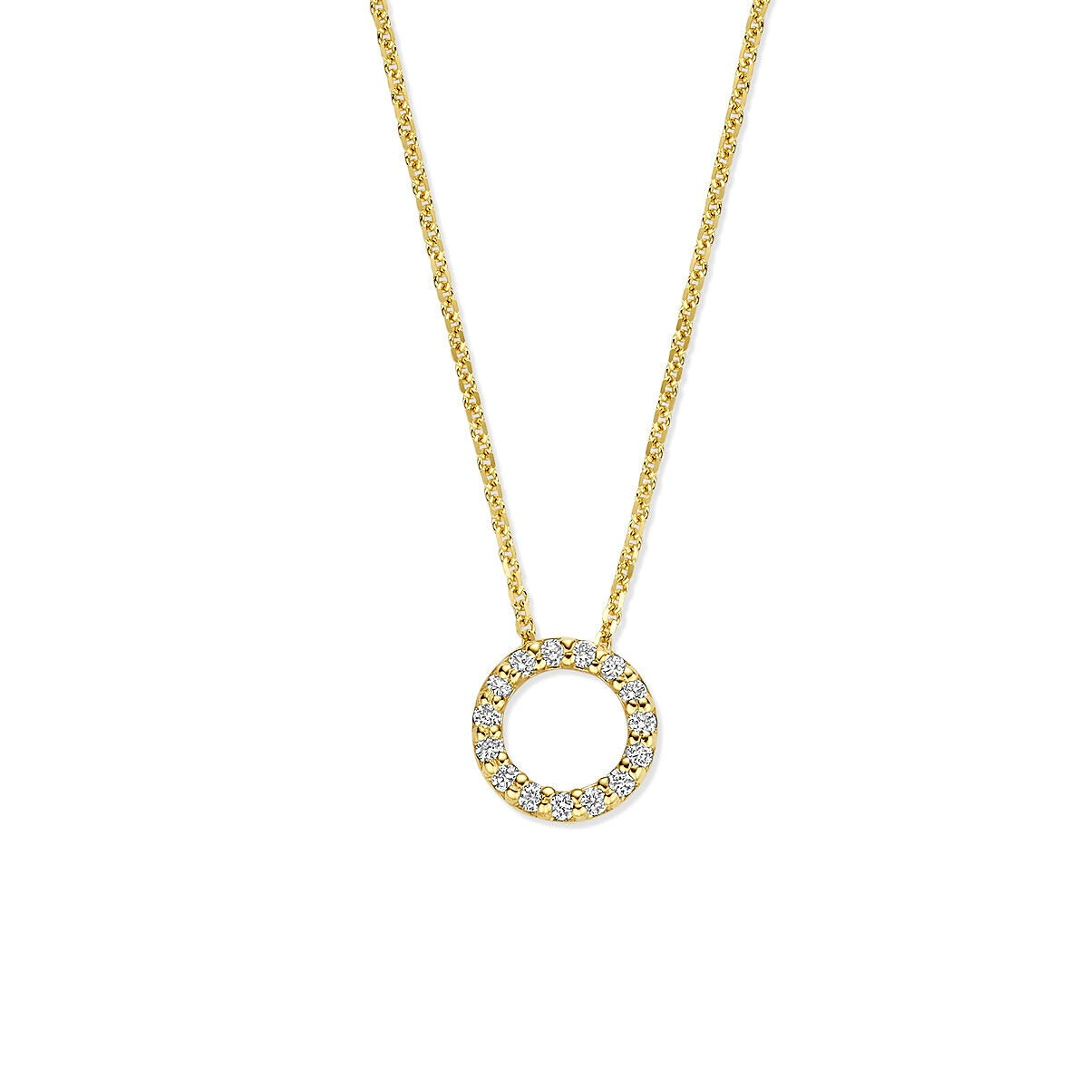 Collier en or jaune 14 carats avec un pendentif circulaire orné de diamants cultivés en laboratoire.