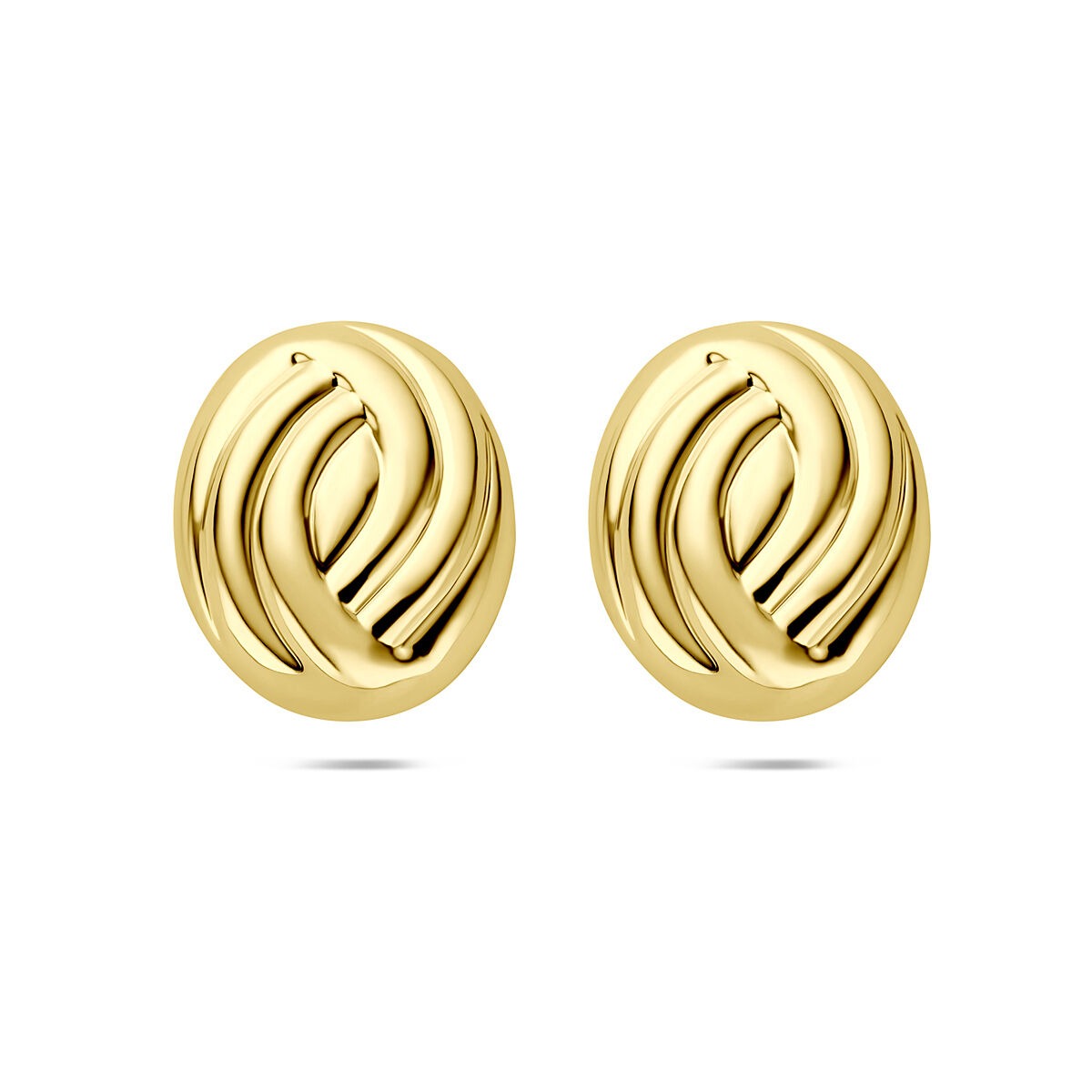 Boucles d'oreilles en argent doré, de forme ovale avec un motif entrelacé.