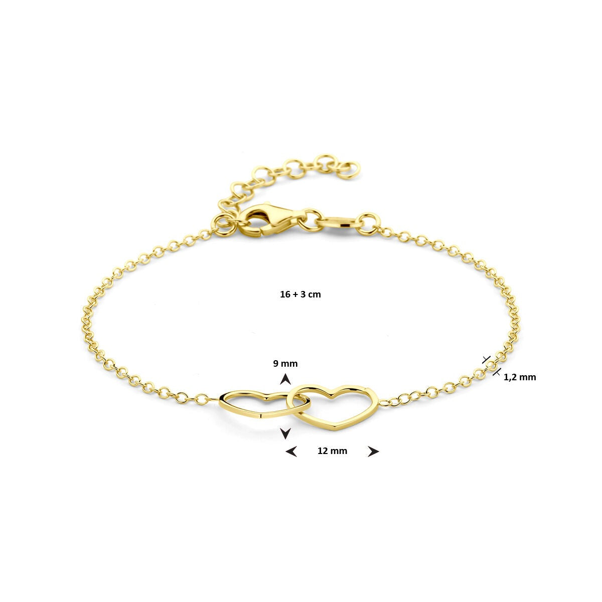 Bracelet en argent 925 plaqué or avec deux cœurs