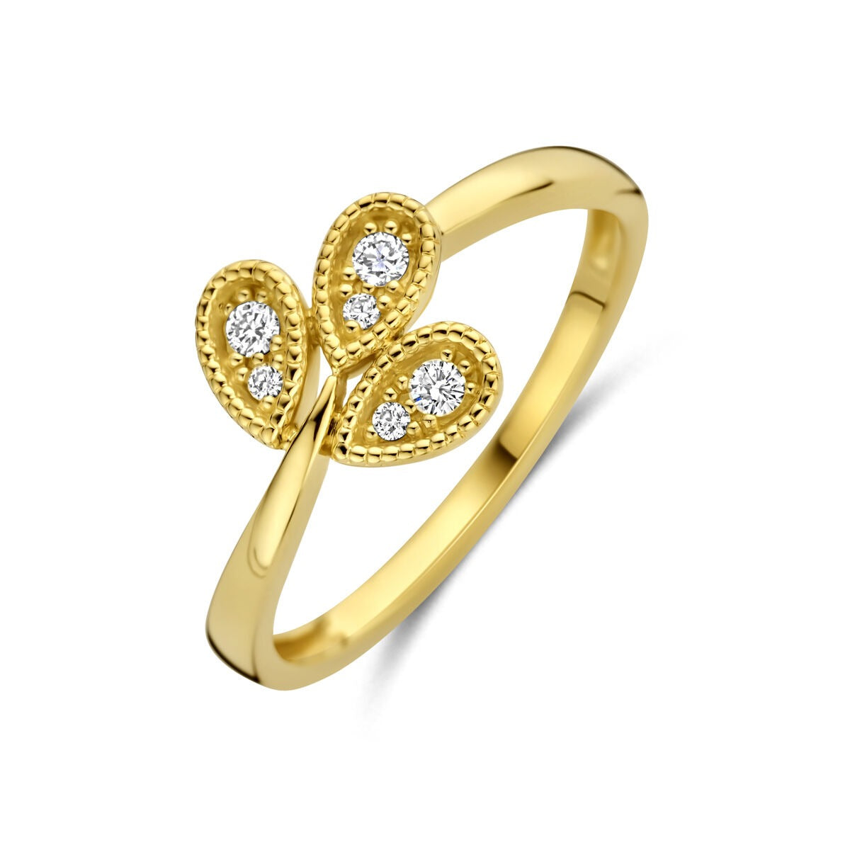 Bague en or jaune 14 carats ornée de diamants en forme de feuilles.