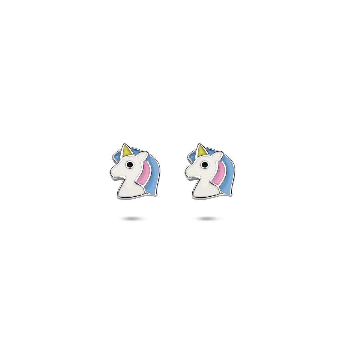 Boucles d'oreilles en argent pour enfants avec émail en forme de licorne, dimensions 8 x 7 mm.