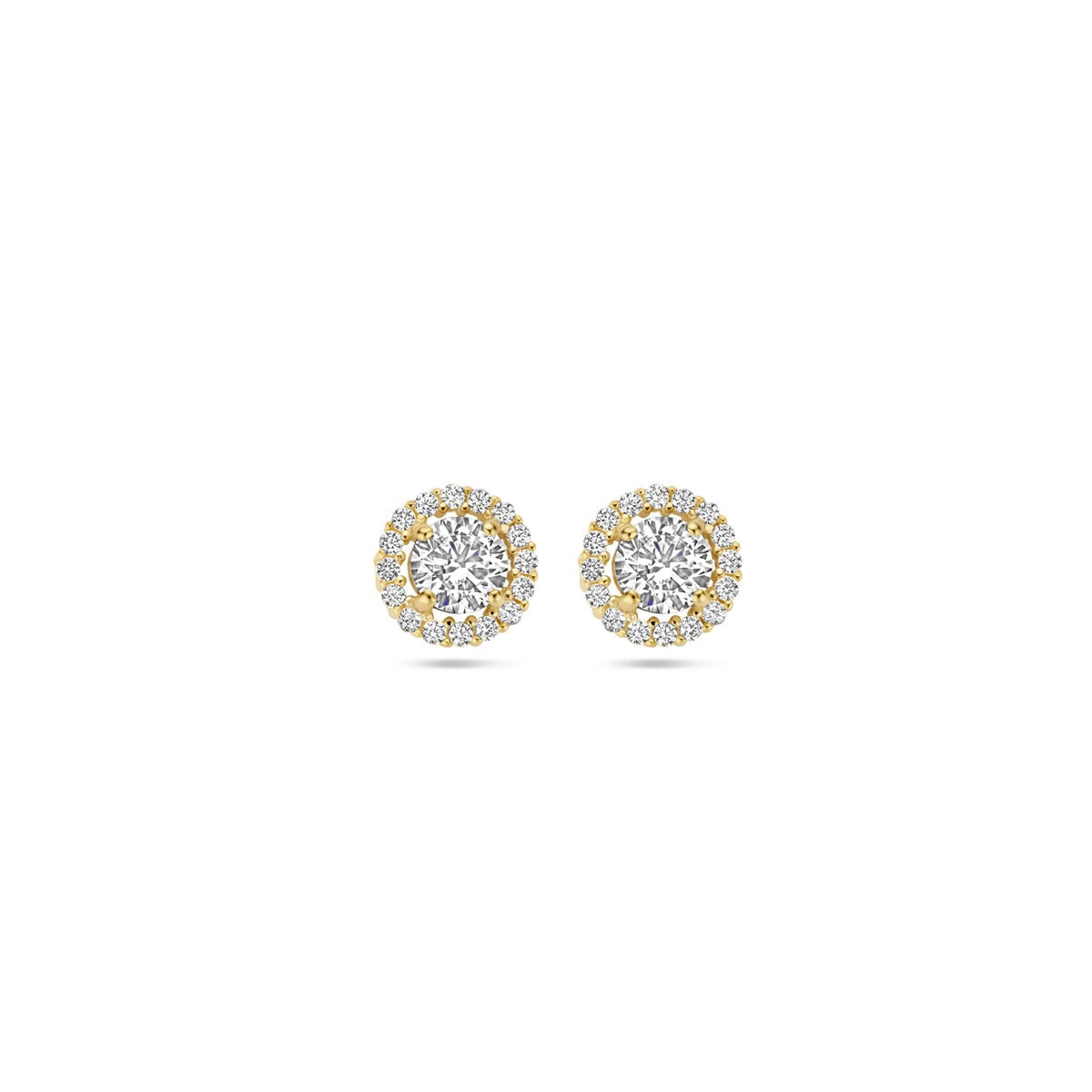 Boucles d'oreilles en or jaune 9 carats avec zirconia, de forme ronde et ornées de pierres brillantes.