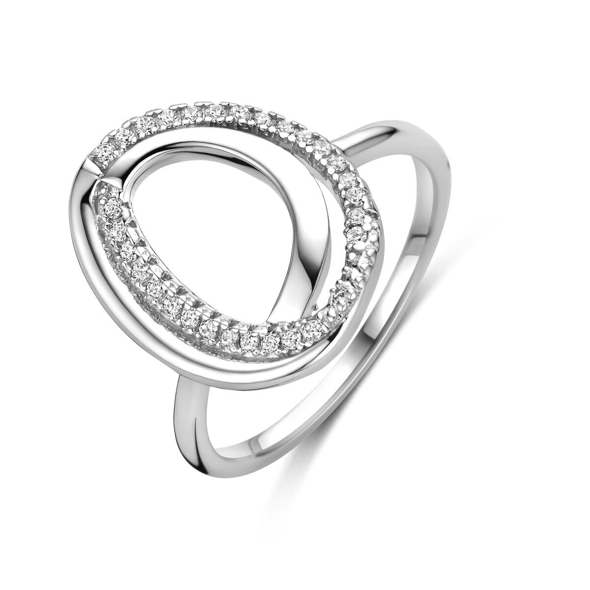 Bague en argent pour femme avec zirconiums, design large de 16 mm.