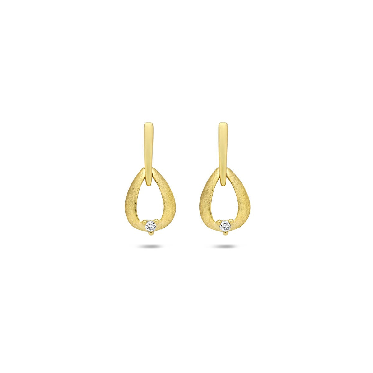 Boucles d'oreilles en or jaune 14k avec un diamant, en forme de goutte, finition mate.