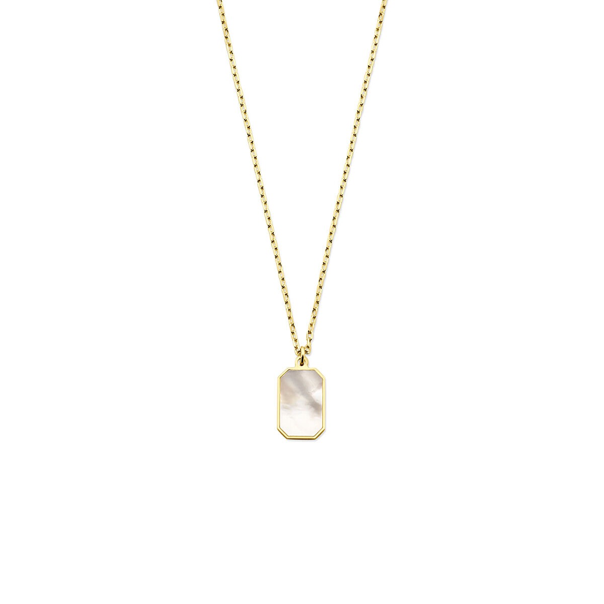 Collier en or jaune 14 carats avec pendentif en nacre rectangulaire.