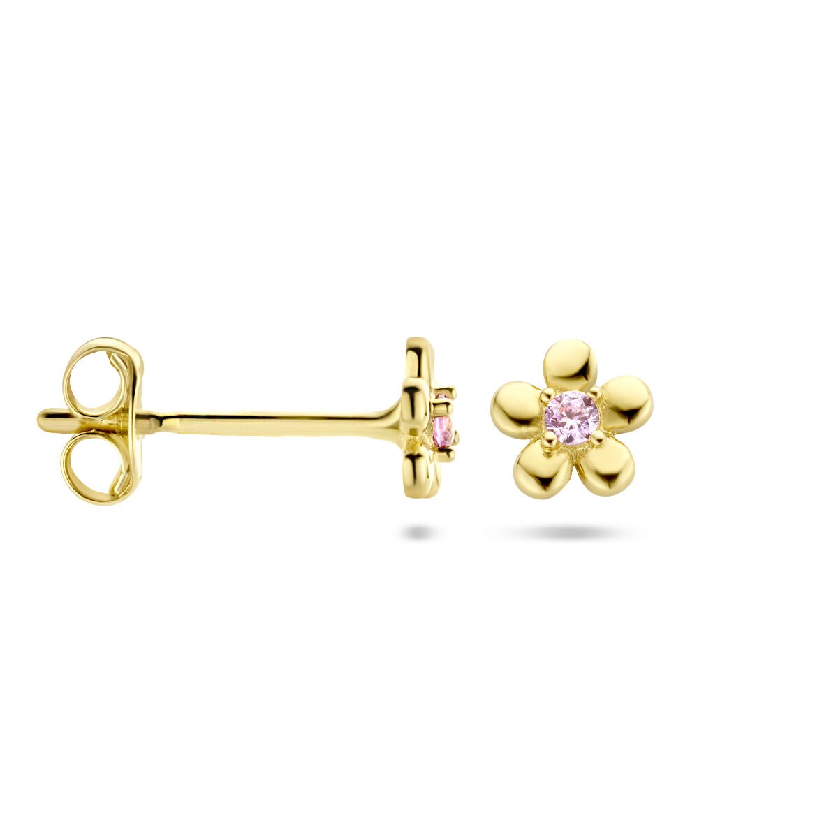 Puces d'oreilles pour enfant en or jaune 14k fleur avec zircone rose
