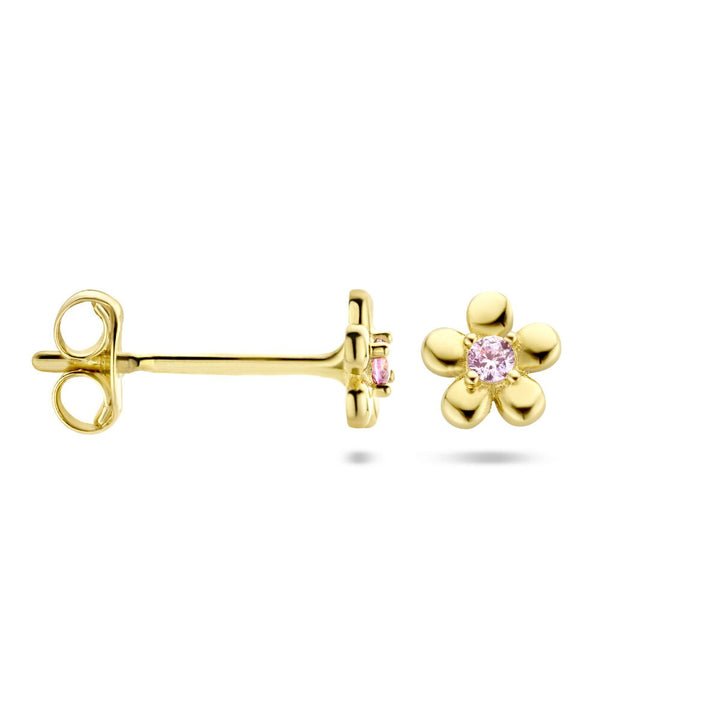 14k Geelgouden kinder oorknoppen bloem met roze zirkonia