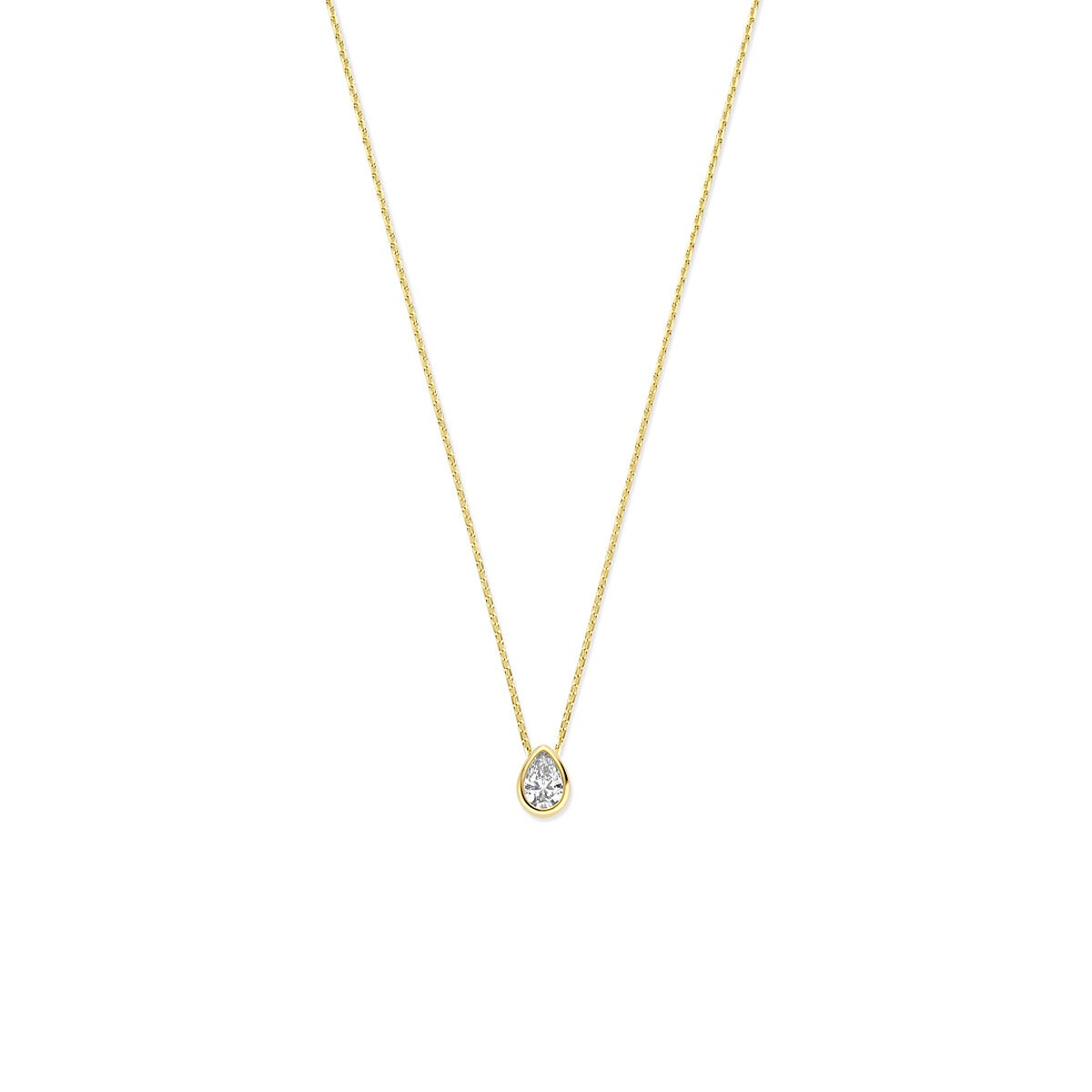 Collier en or jaune 14 carats avec pendentif en zirconium en forme de goutte.