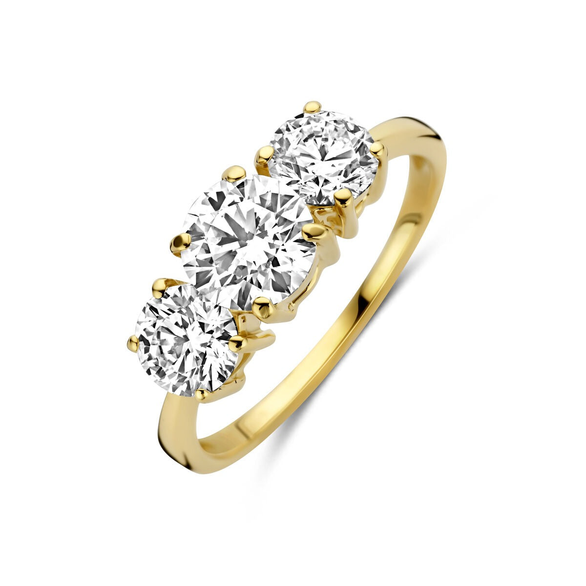 Bague en or jaune 14 carats avec trois diamants ronds en lab grown.