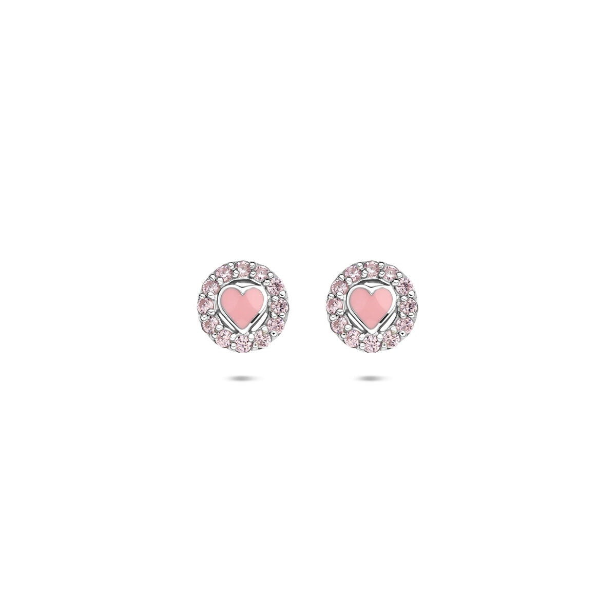 Boucles d'oreilles en argent avec un cœur en émail rose et zirconias, diamètre de 7 mm.