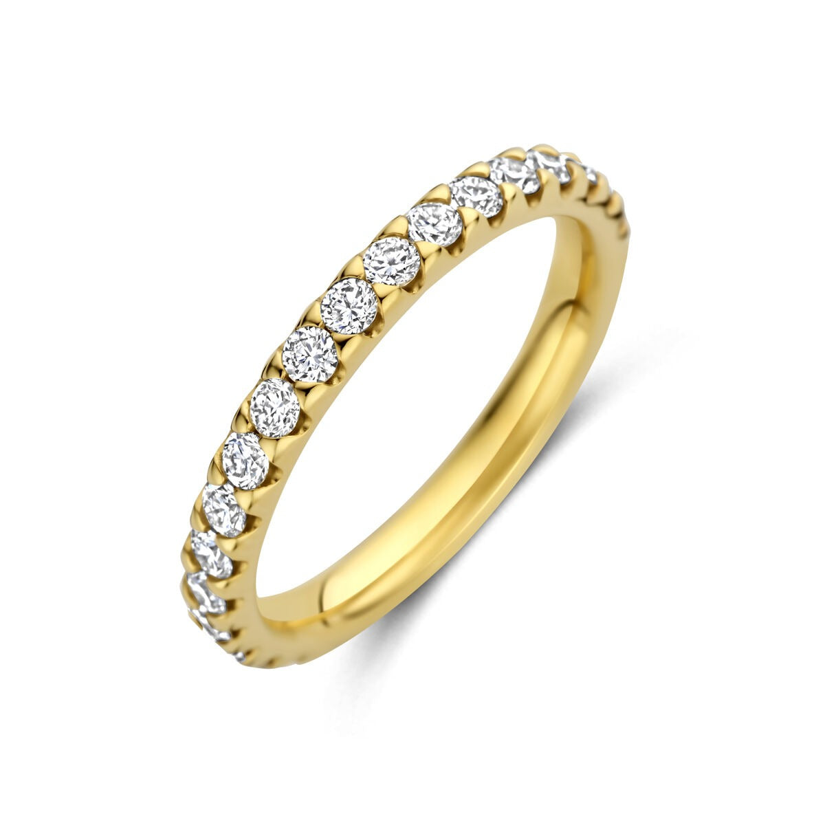 Bague en or jaune 14 carats ornée de diamants lab grown, avec un design délicat et brillant.