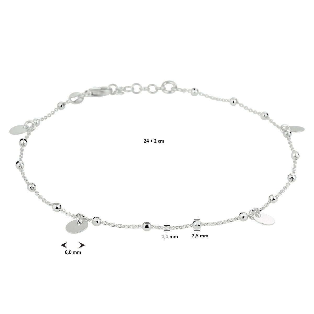 Bracelet de cheville en argent avec des ronds – maille ancre rhodiée