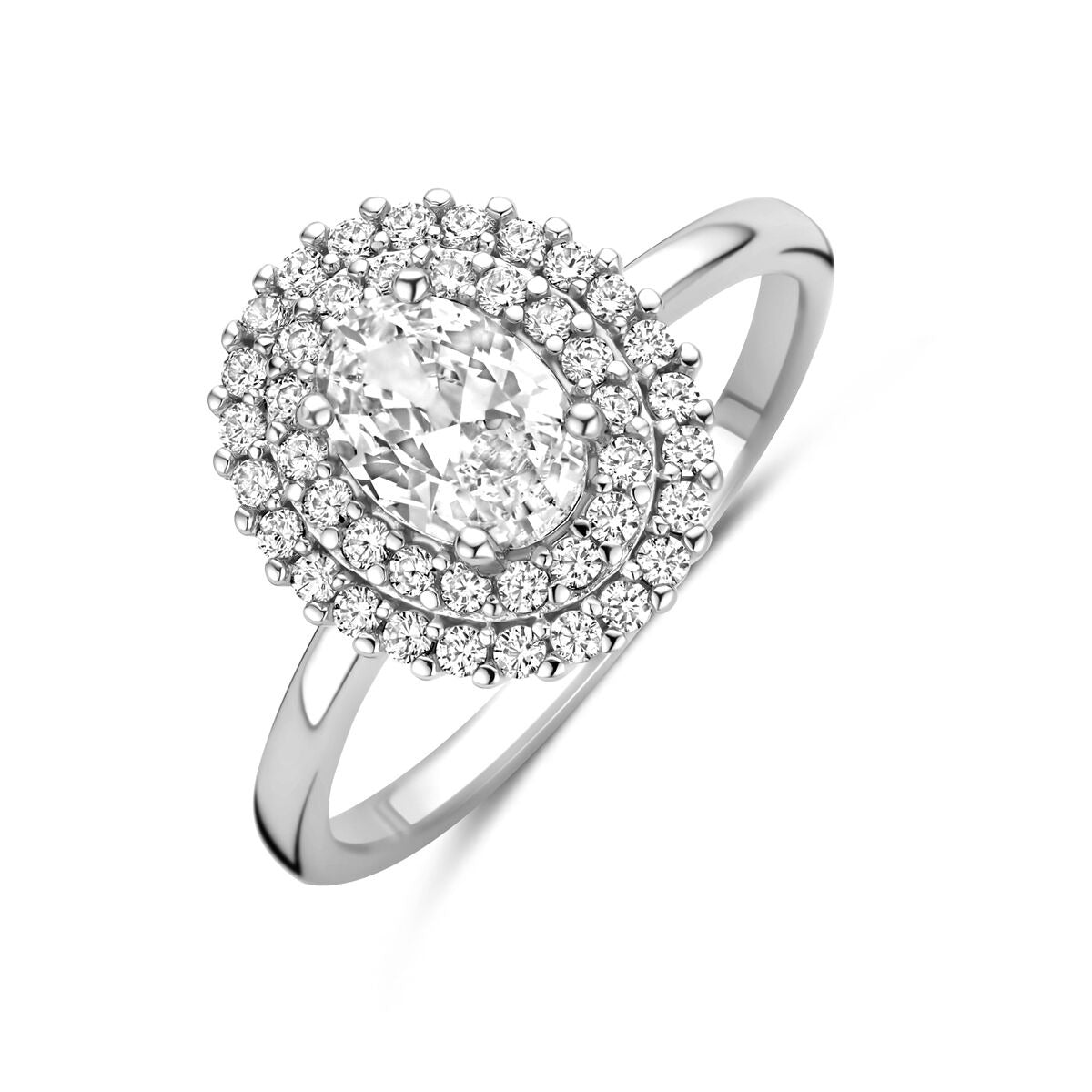 Bague en argent pour femme avec zircon ovale en sertissage entourage.