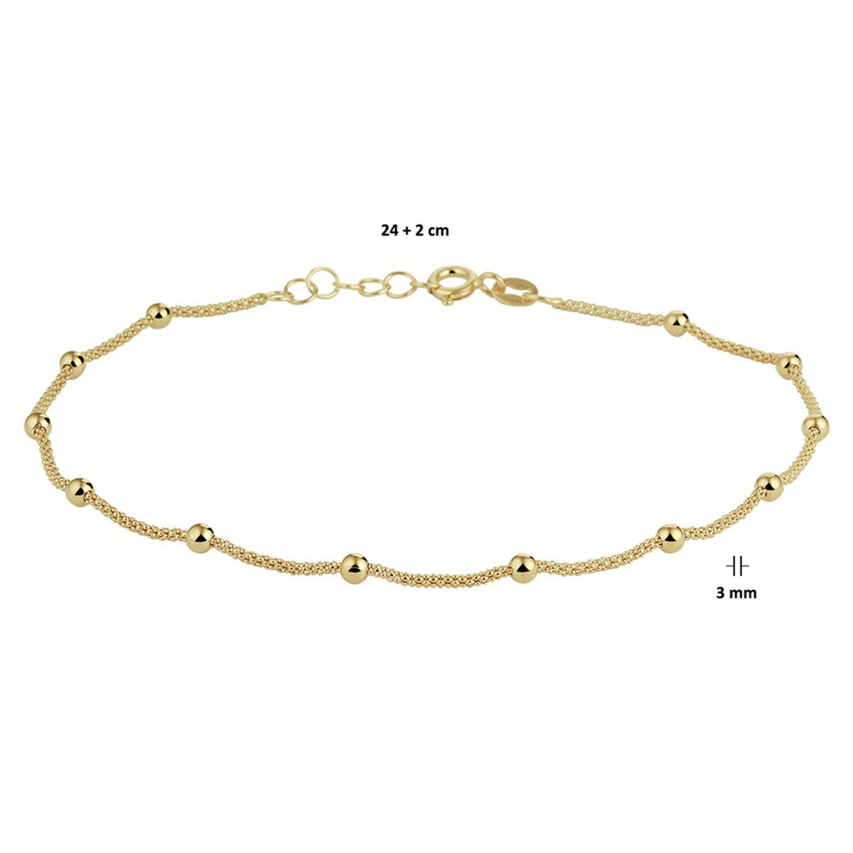 Bracelet de cheville plaqué or argent pour femme – or jaune sur argent 925 avec billes 3 mm