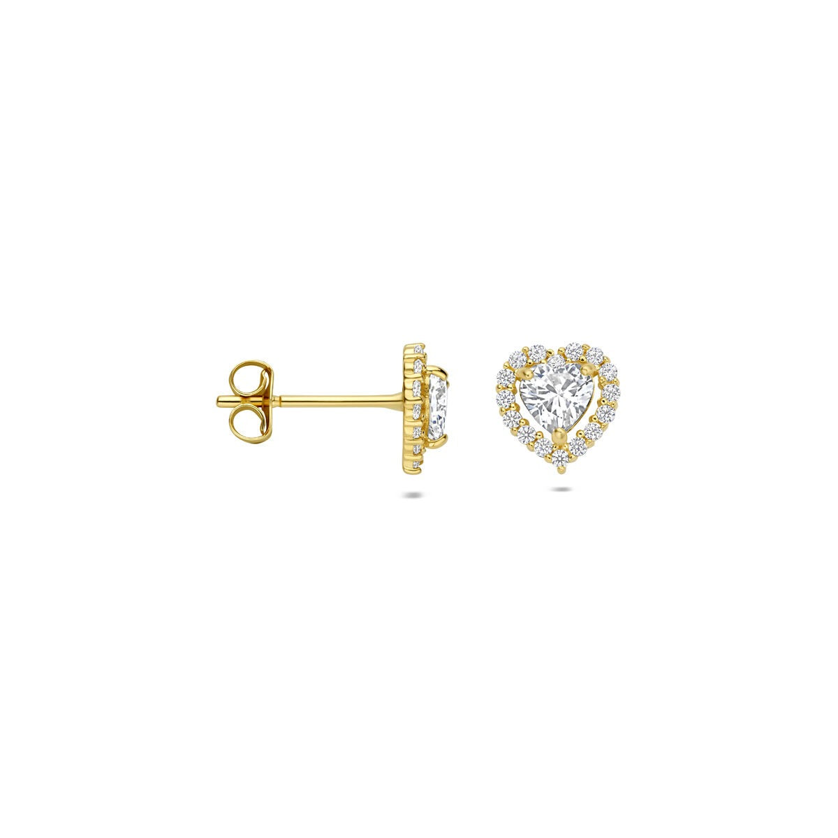 Puces d'oreilles en or avec cœur et zircone – 14k, sertissage entourage