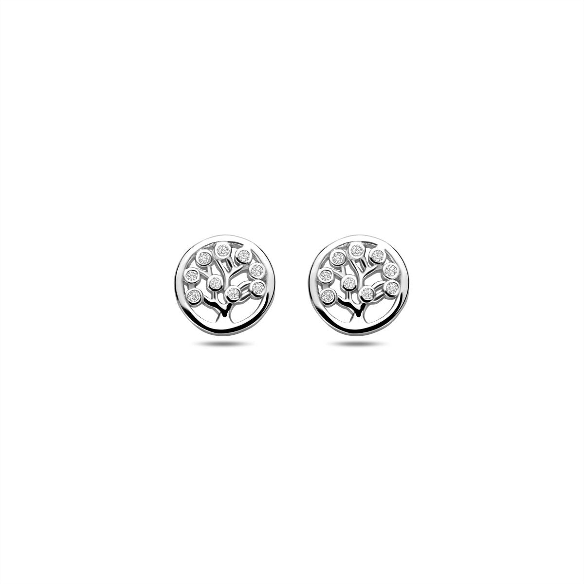 Boucles d'oreilles en argent rhodié 925 avec un motif d'arbre et des zirkonias.