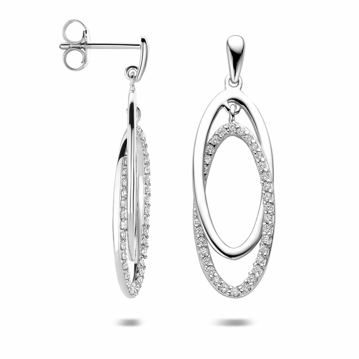Boucles d'oreilles en argent avec zircone – design ovale rhodié 35 mm