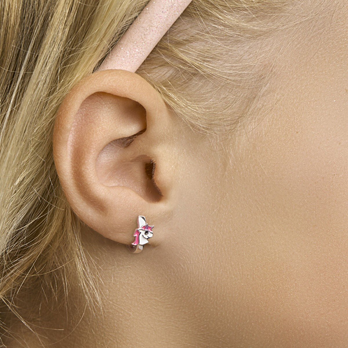 Créoles en Argent Rhodiées pour Enfant avec Licorne en Émail
