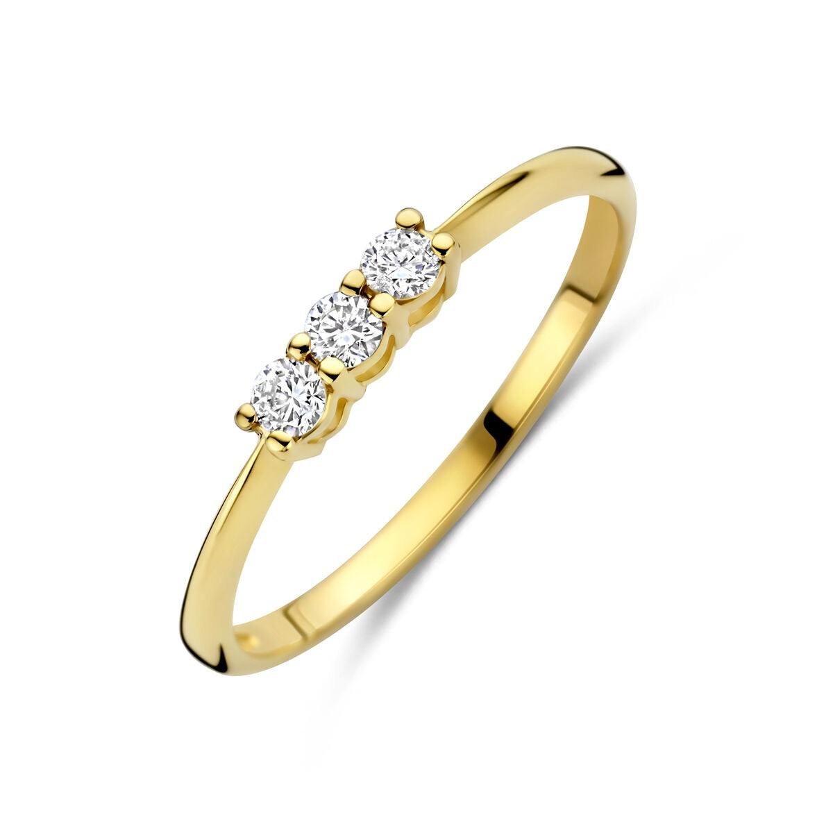 Bague en or jaune 14 carats ornée de trois diamants synthétiques.