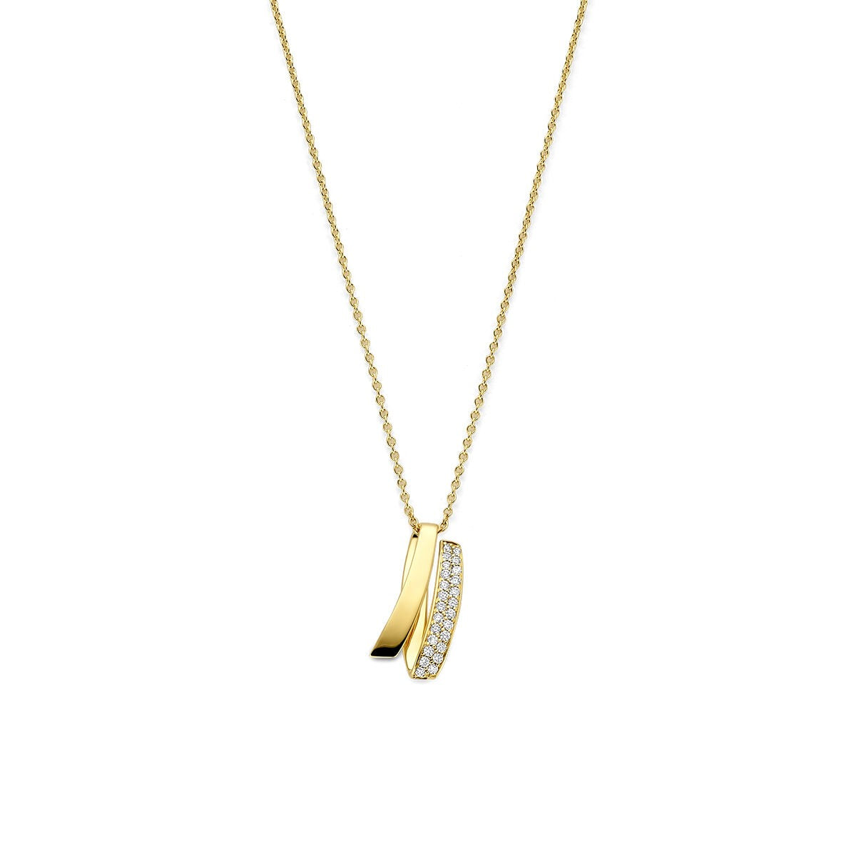 Collier en or jaune 14 carats avec pendentif serti de diamants.