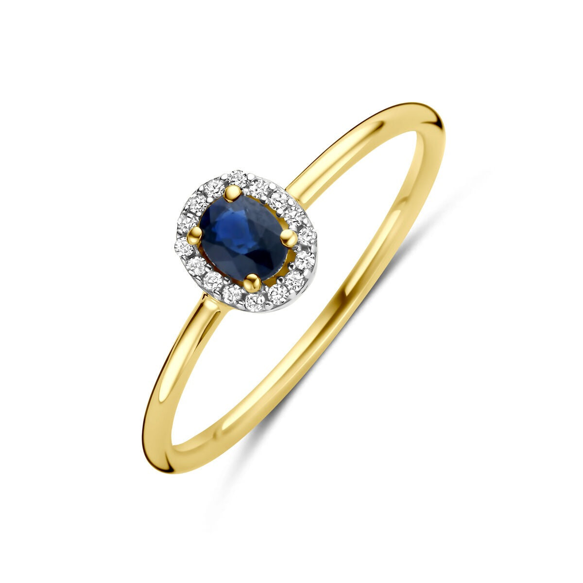 Bague en or 14 carats avec saphir ovale et diamants en pavé.