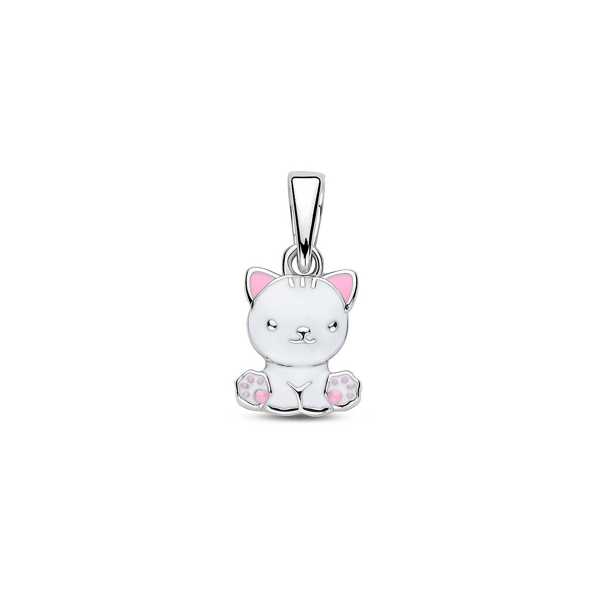 pendentif en argent rhodié représentant un chat avec des détails en émail rose et blanc.