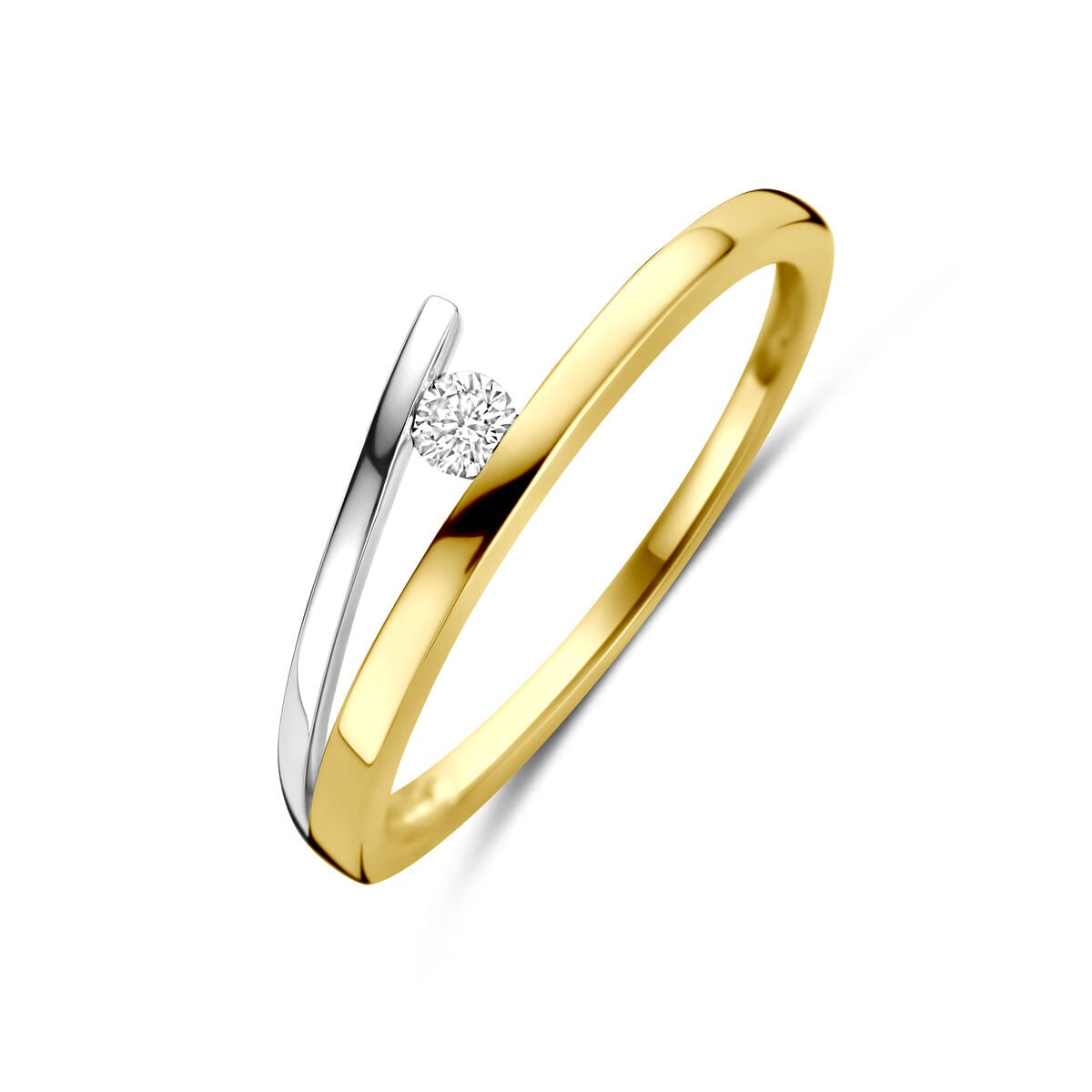 Bague bicolore en or jaune et blanc avec un diamant, finition lisse et design moderne.