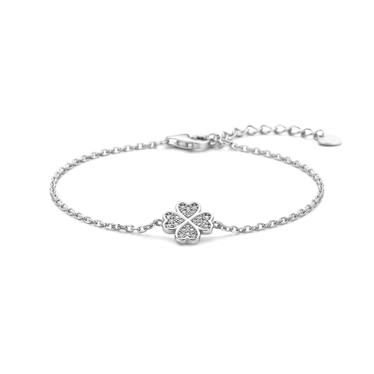 Zilveren armband van gerhodineerd 925 zilver met een bloemvormige hanger bezet met zirkonia.