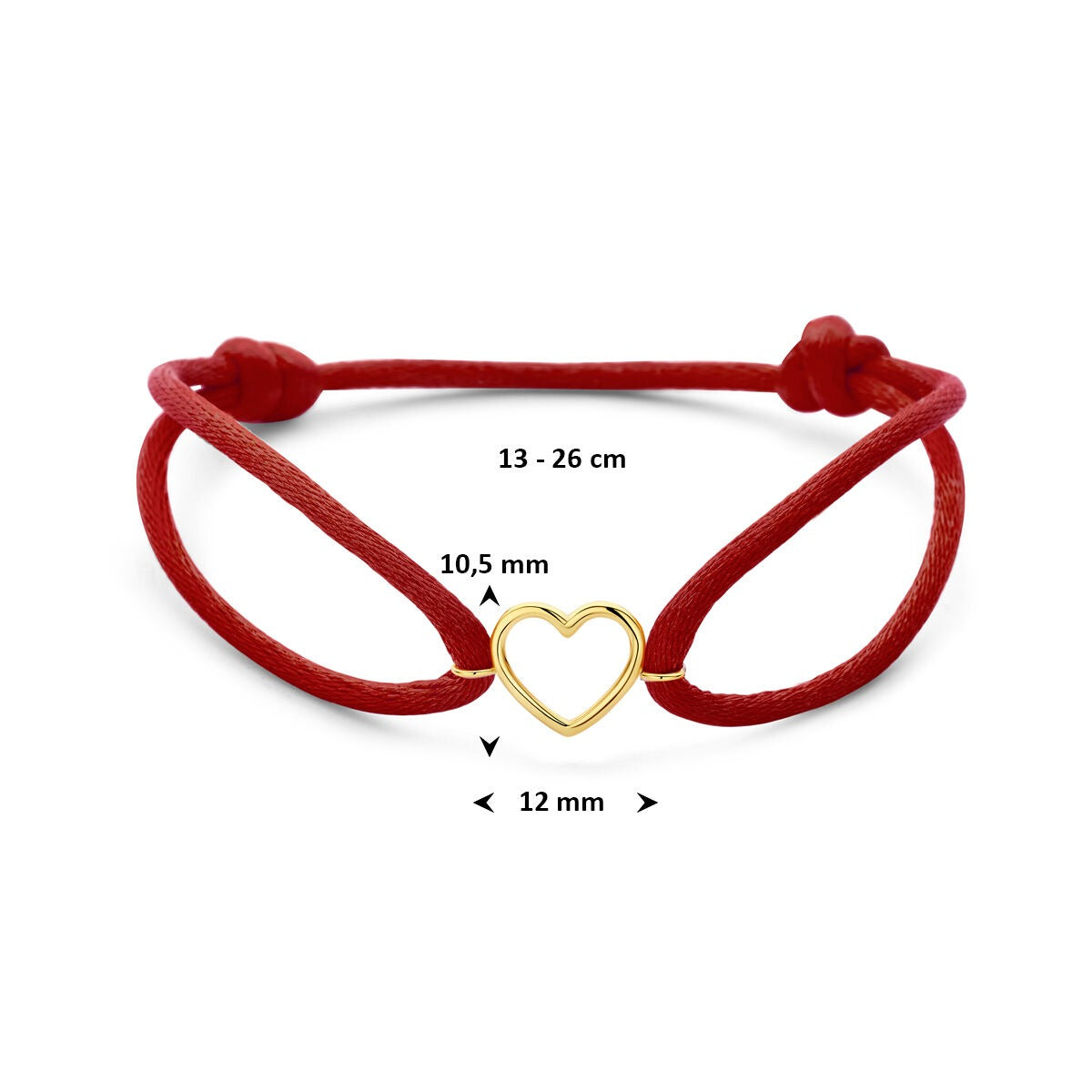Bracelet en satin rouge avec cœur en or jaune 14k
