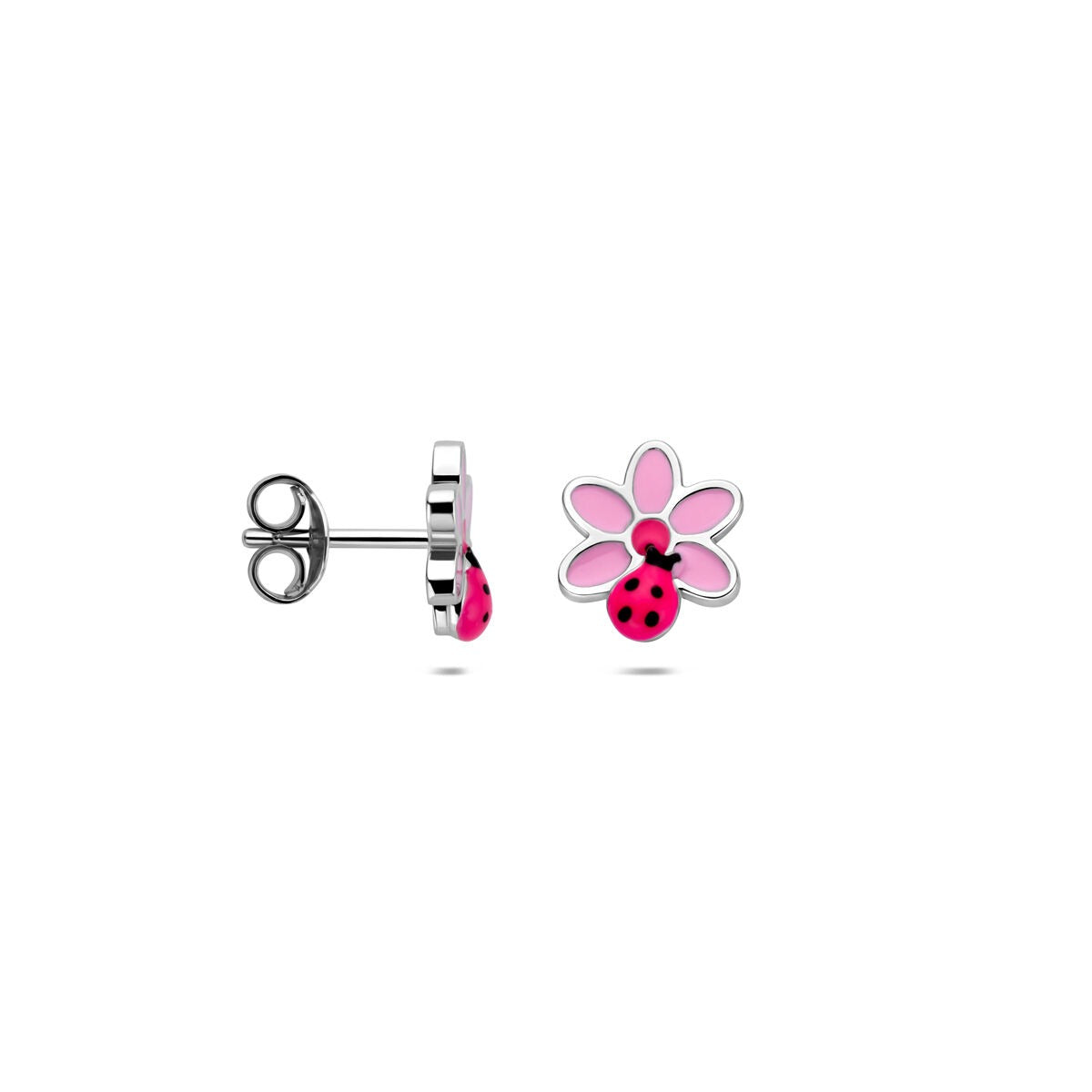 Puces d'oreilles pour enfant en argent 925 rhodiées avec fleur et coccinelle