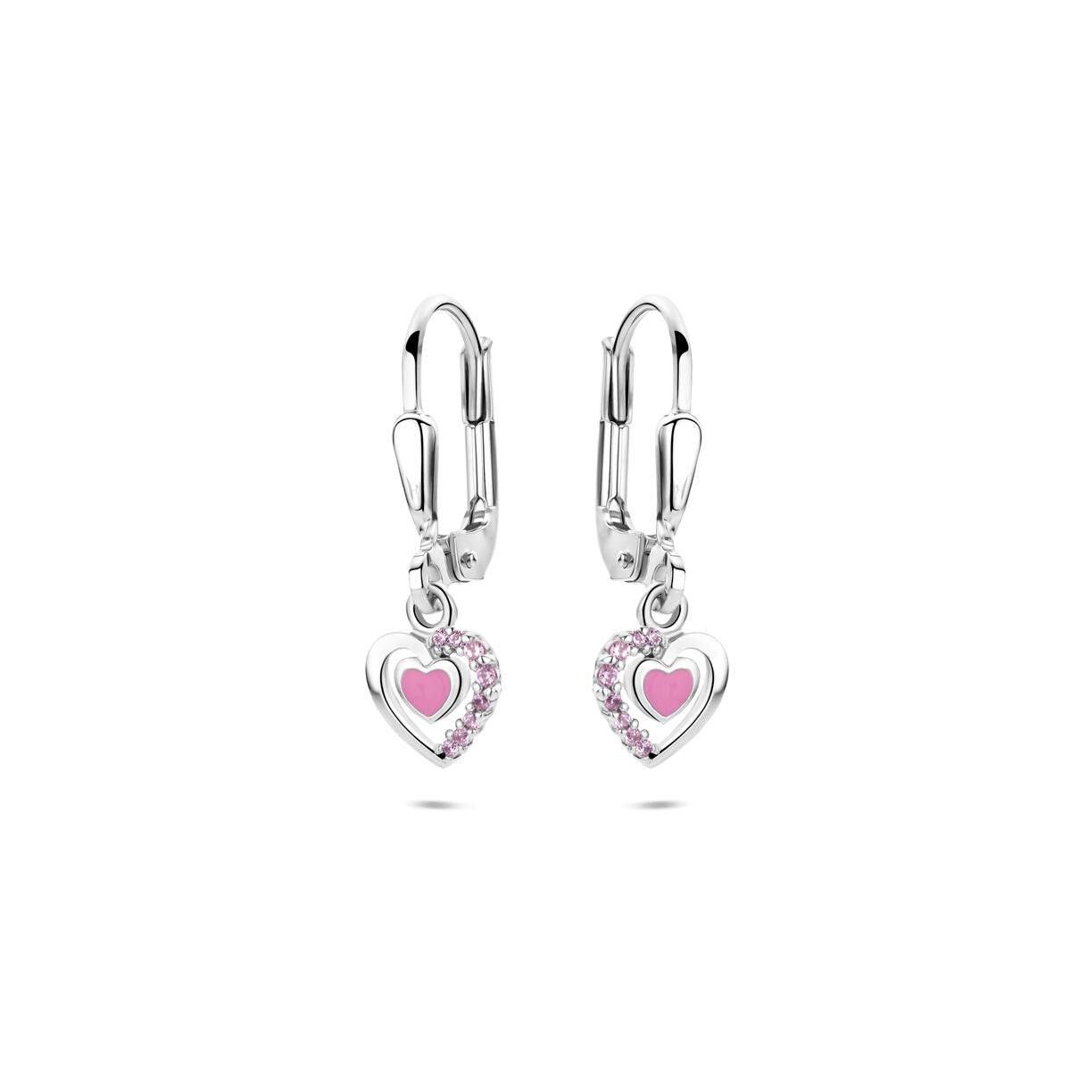 Boucles d'oreilles en argent avec cœur en émail rose et zirconium rose, mesurant 21 mm.