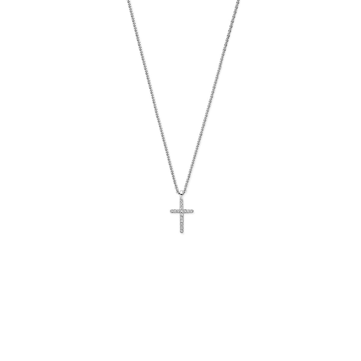 Collier en argent avec croix et zirconia, ajustable de 41 à 45 cm.