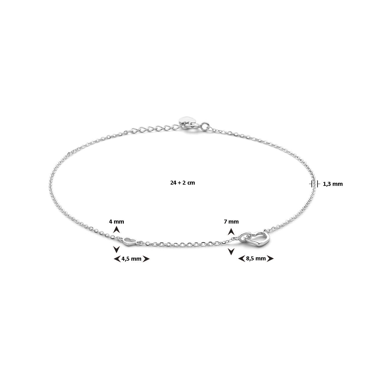 Bracelet de cheville en argent avec cœurs – rhodié argent 925, 24–26 cm