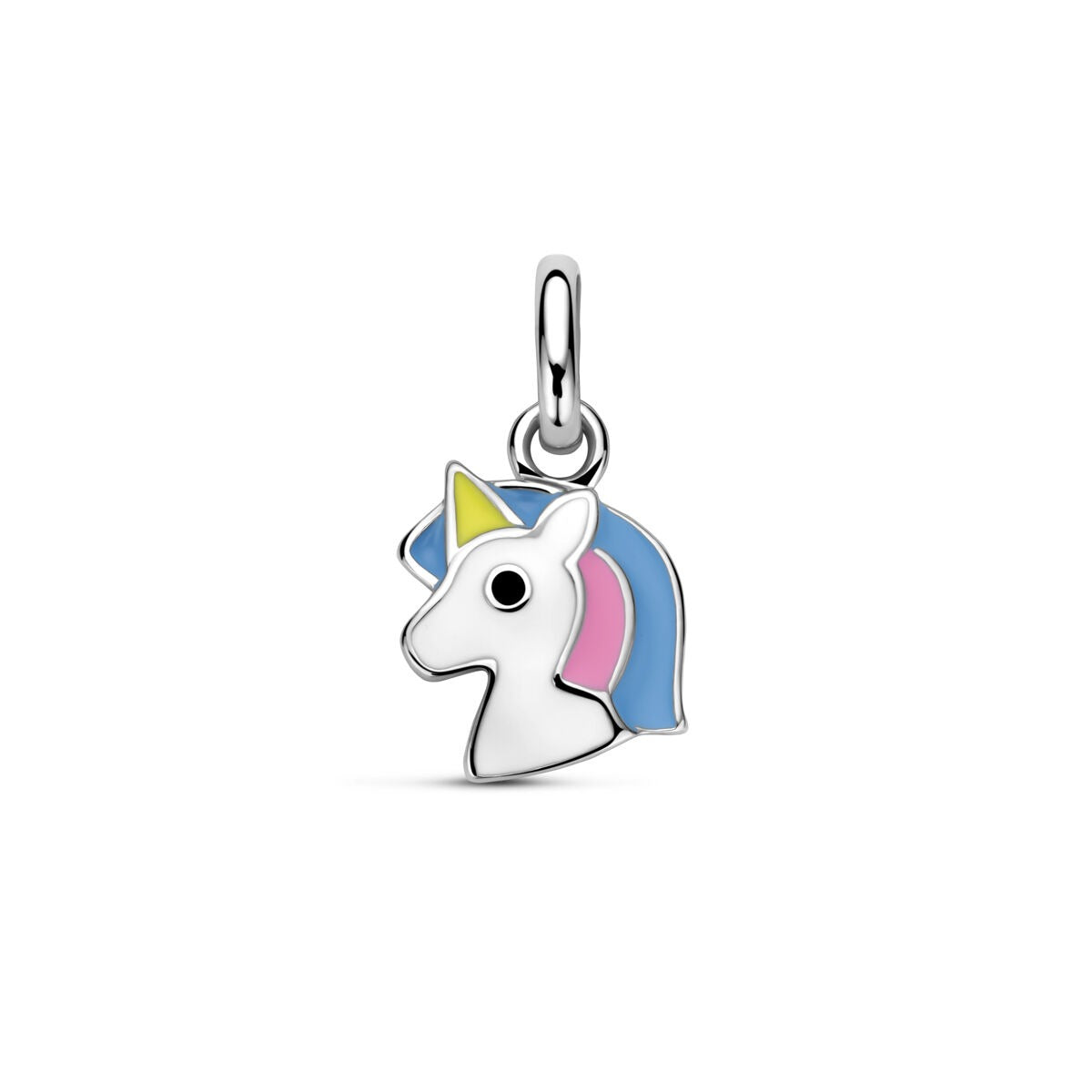 pendentif en argent en forme de tête de licorne, émaillé avec des couleurs pastel.