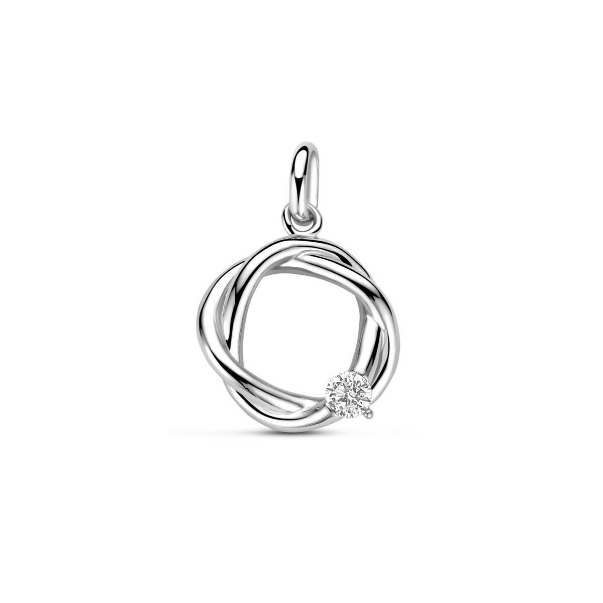 Pendentif en argent rhodié 925 avec zirconia, de forme circulaire et design entrelacé.