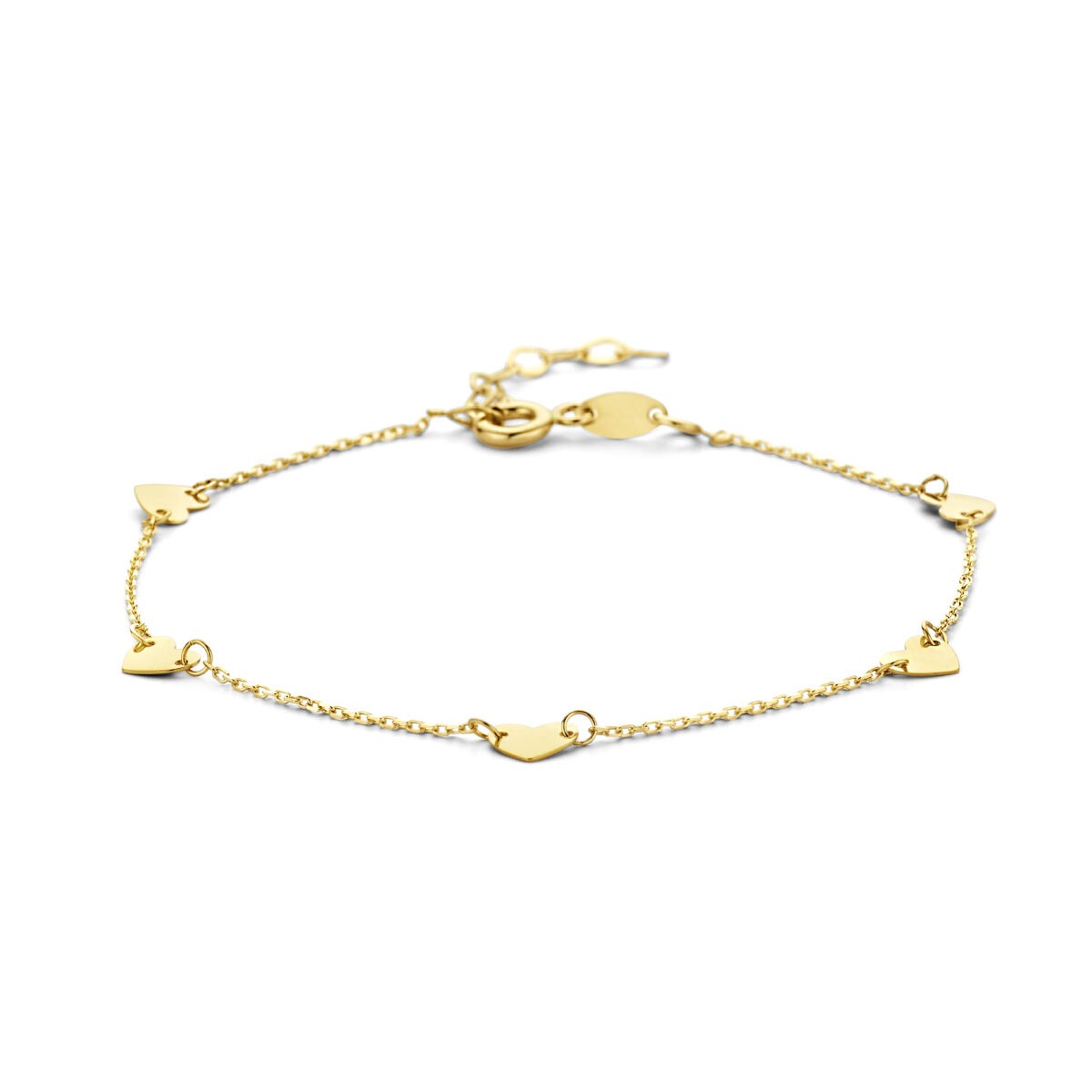 bracelet en or jaune avec des cœurs en forme de cœur, finition brillante.