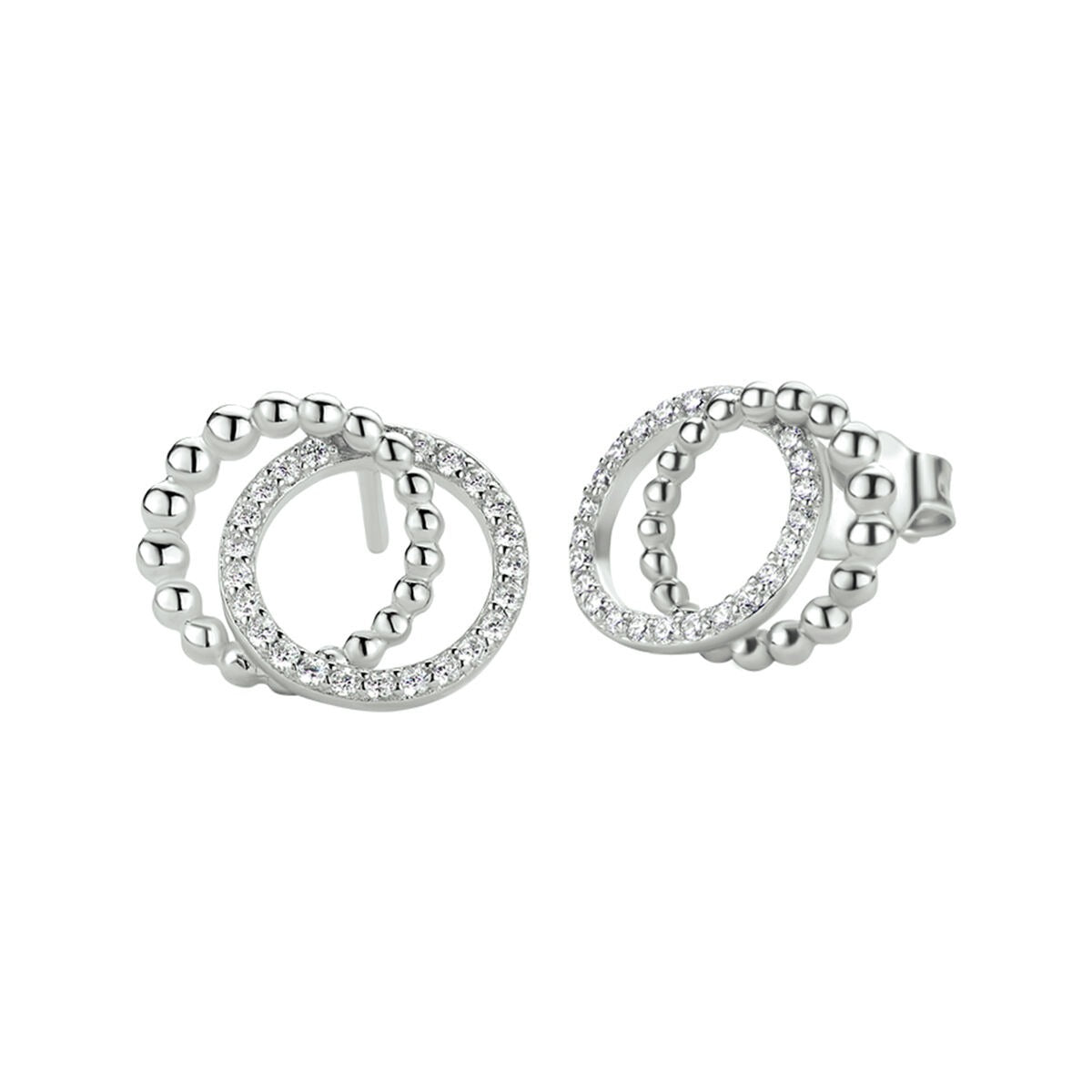 Boucles d'oreilles en argent rhodié avec des zircons, formées de deux cercles entrelacés.