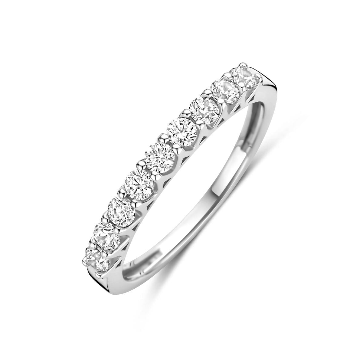 Bague alliance en argent rhodié ornée de zircons brillants.