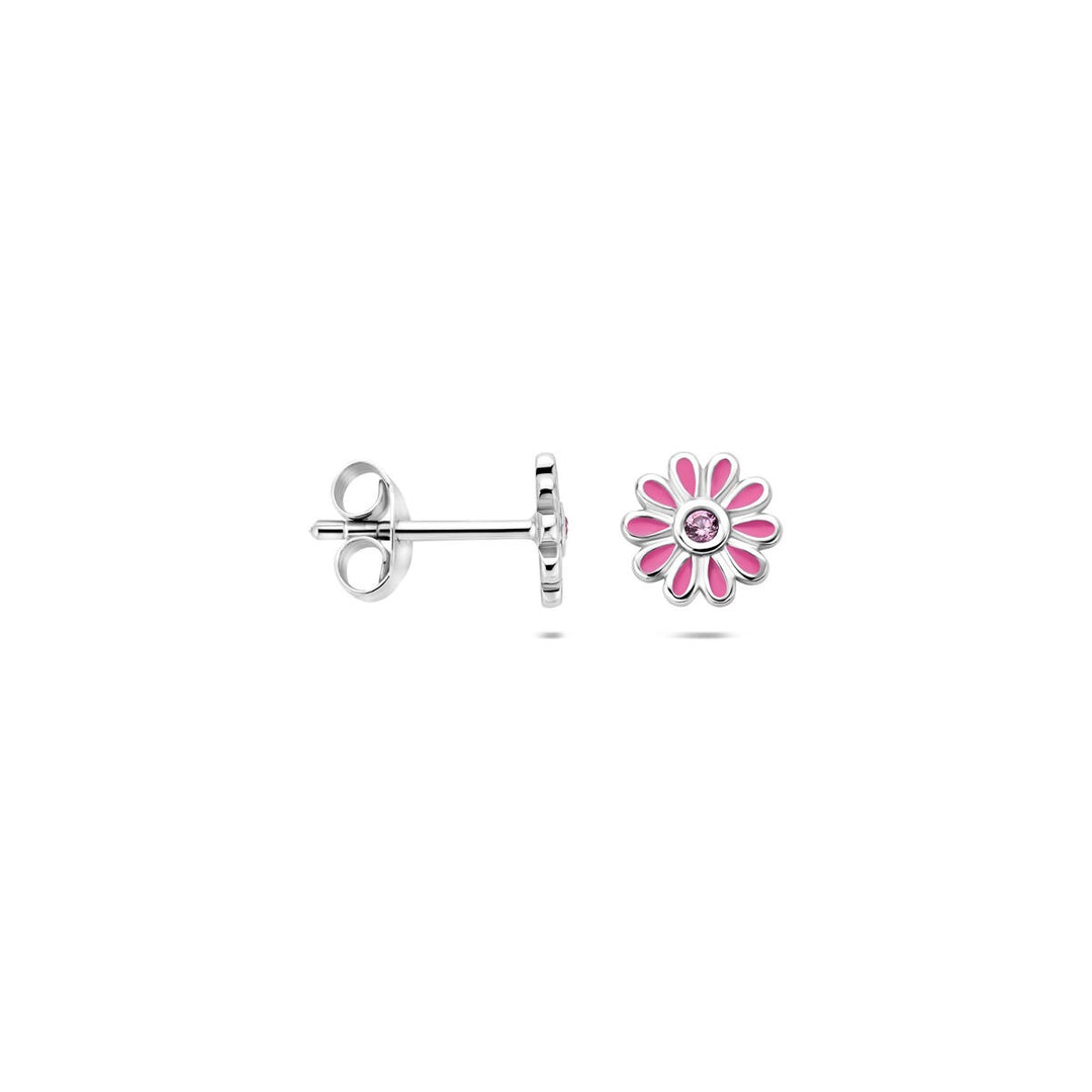 Zilveren oorknopjes bloem met roze zirkonia – gerhodineerd
