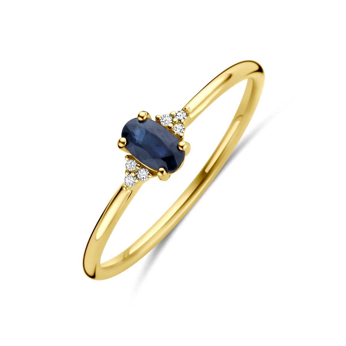 Bague en or 14 carats avec saphir ovale et diamants.