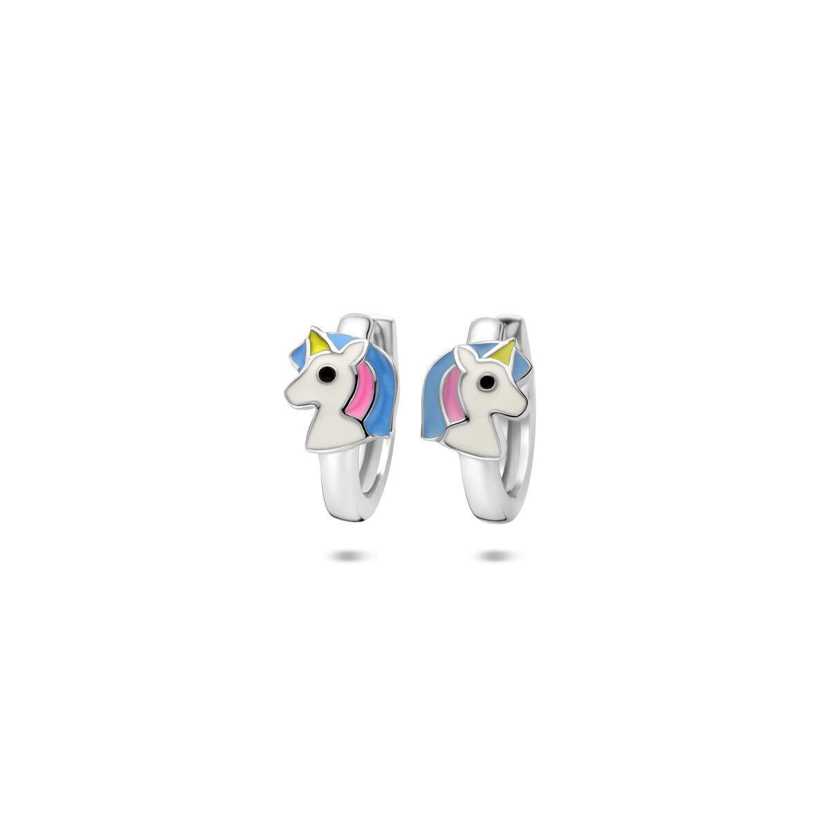 Boucles d'oreilles en argent avec émail en forme de licorne, dimensions 13 x 6 mm.