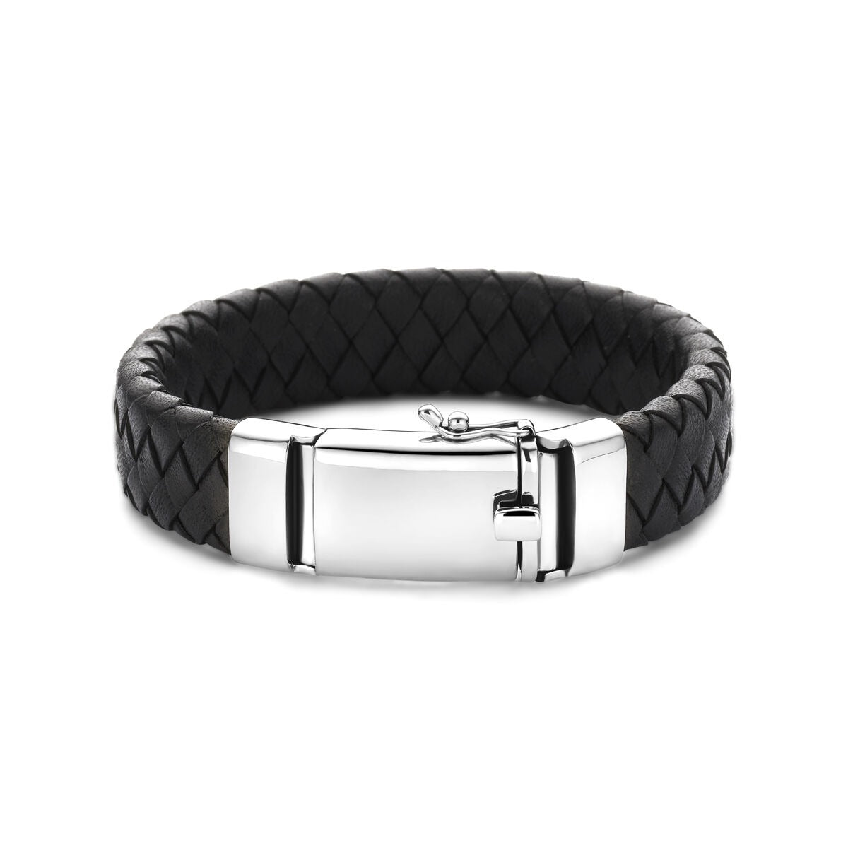 Bracelet pour homme en cuir noir avec argent rhodié – 21 cm