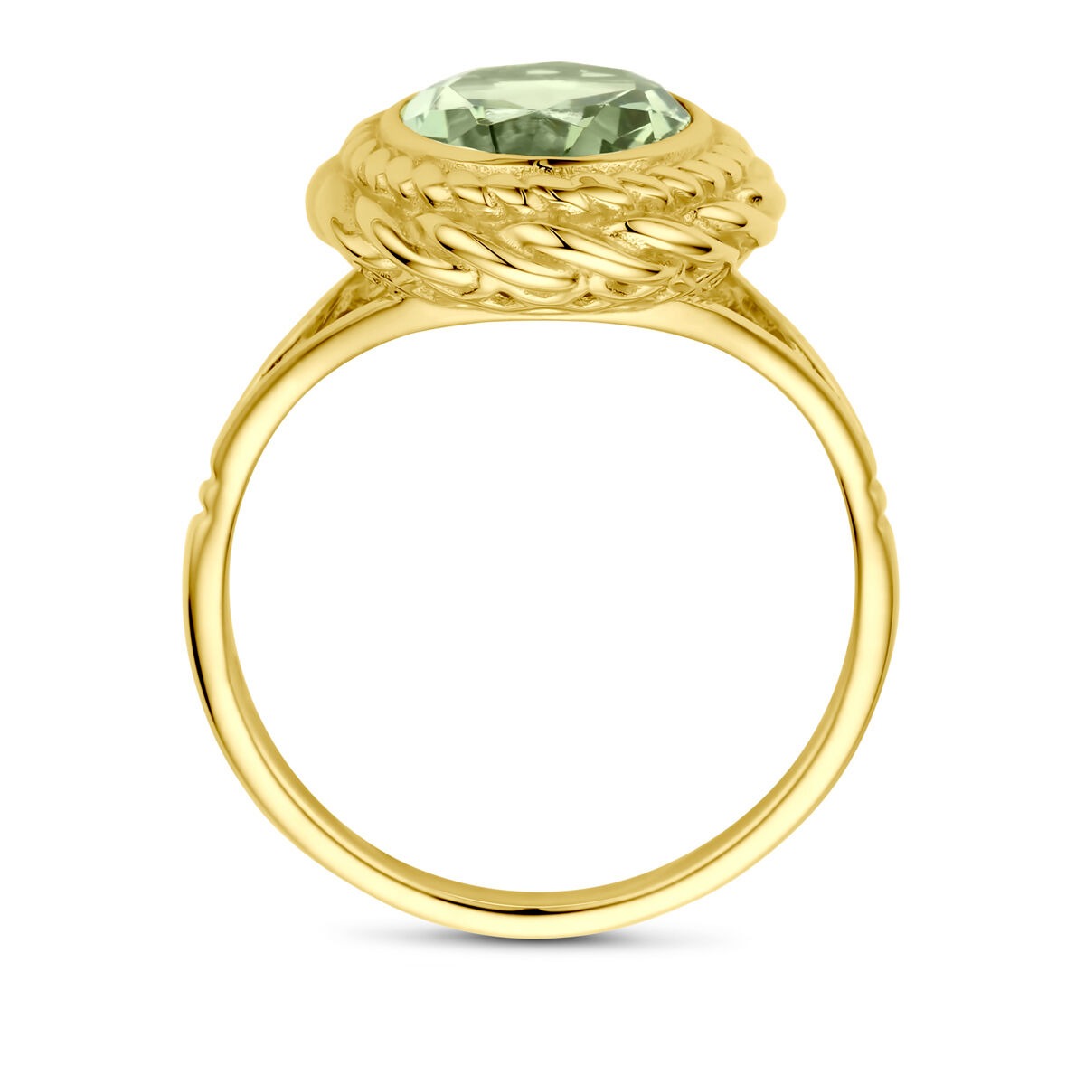Bague en or 14 carats avec une améthyste verte en sertissage entourage.