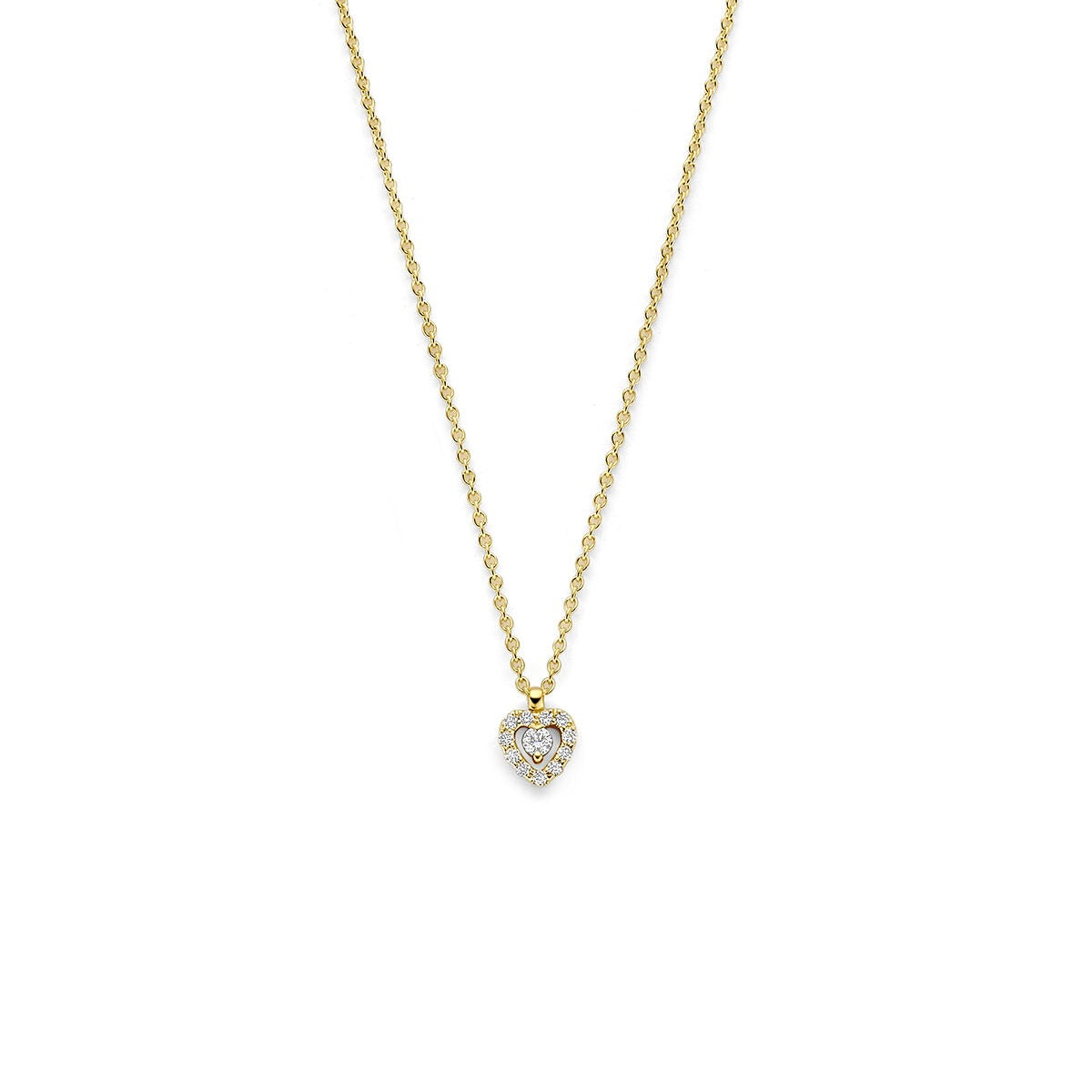 Collier en or jaune 14 carats avec un pendentif en forme de cœur et un diamant.