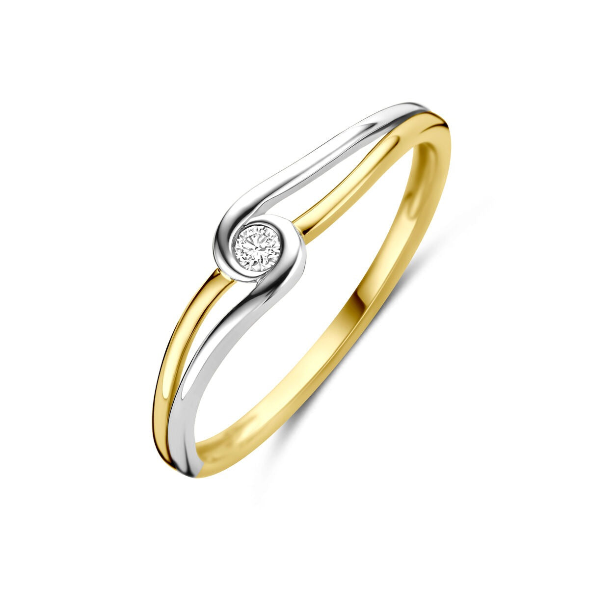 Bague bicolore en or jaune et blanc avec un diamant, finition brillante.