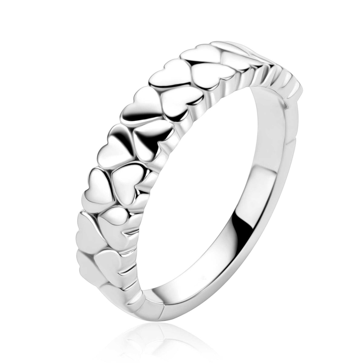 Bague en argent ornée de petits cœurs et de zirkonia.