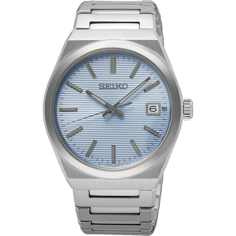 Montre pour homme Seiko avec boîtier en acier inoxydable, cadran bleu clair et bracelet en acier.