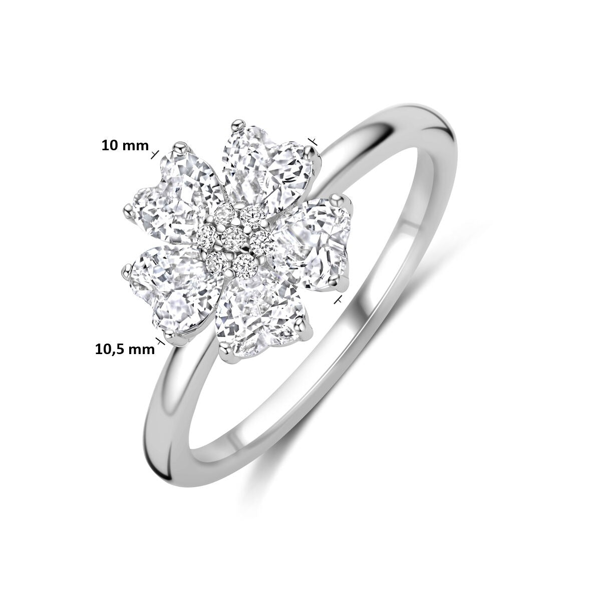 Bague pour femme en argent rhodié avec zircone en forme de cœur – 10 x 10,5 mm