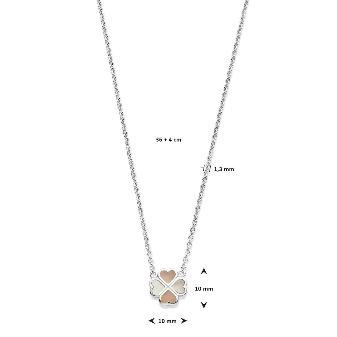Zilveren kinderketting met klaverhanger – gerhodineerd met roze en wit parelmoer