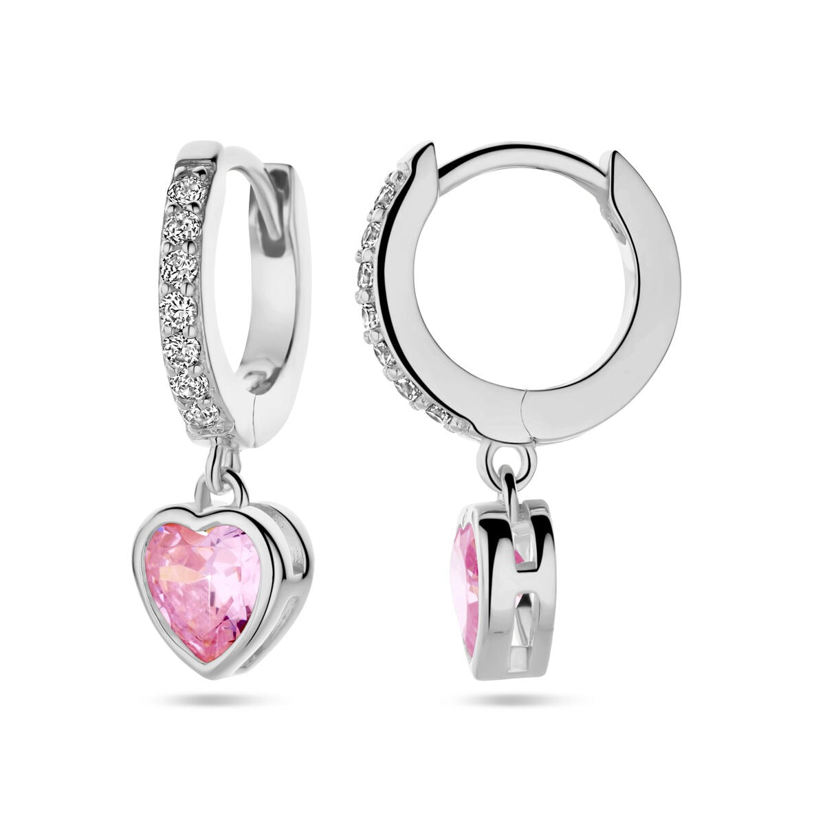 Créoles en argent rhodié avec zircone rose en forme de cœur